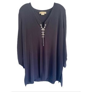 Michael Kors Deep Navy Blue V Neck Quarter Sleeve Tunic Sz 3X